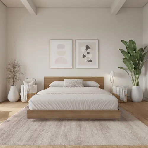 Nexera Satori King Size Low Profile Platform Bed with Headboard in Brown Oak