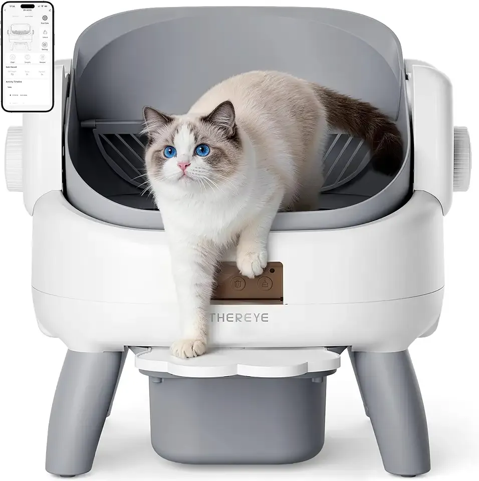 Thereye Automatic Litter Box with Entry Step, Open-Top Self Cleaning Litter Box for Multiple Cats, 11 Safety Protections & App Control, Odor Control Smart Cat Litter Box with Trash Bags/Litter Mat