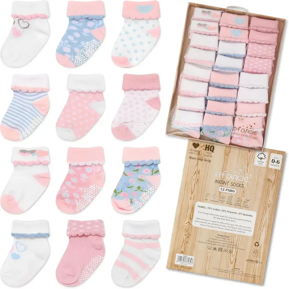 infancie Baby Socks For Girls 12 Pairs – Soft And Comfortable Baby Girl Socks 0-6 Months, Adorable Sock Shoes For Baby Girl, Gift For Newborns