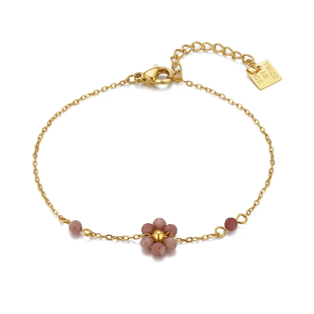 Armband in edelstaal, bloemen met paarse en roze stenen