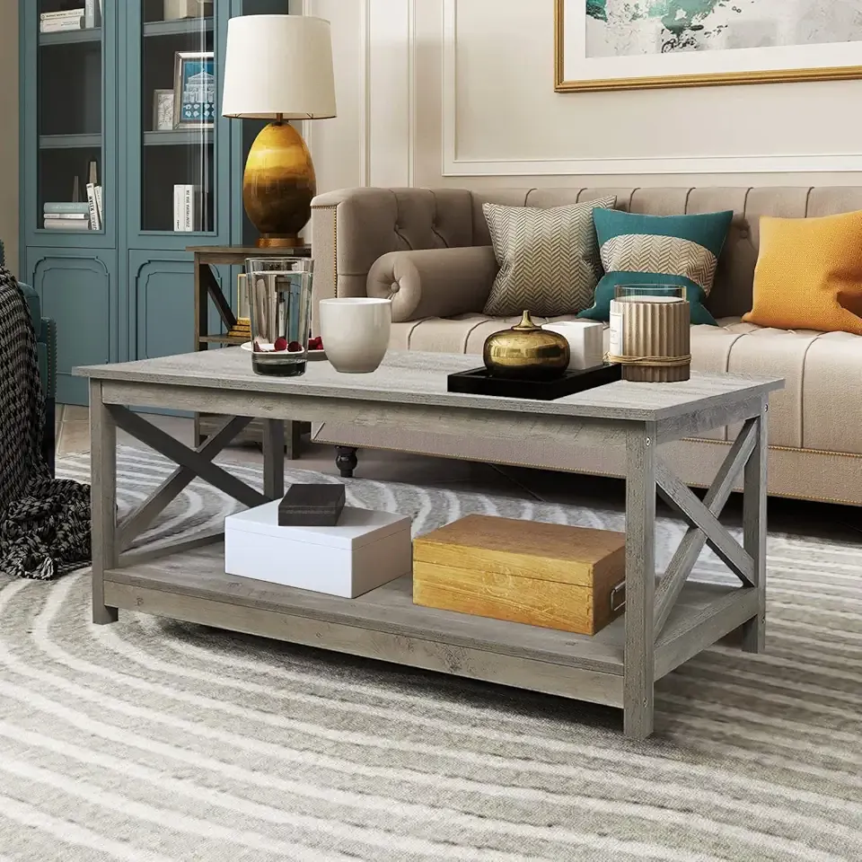 Rainbow Sophia Coffee Table, Modern Farmhouse Wood Coffee Table with 2-Tier Storage, 40 Inch, Washed Oak