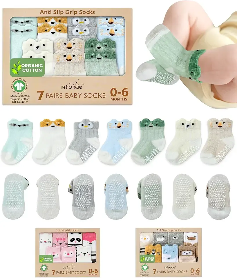 Organic Cotton GOTS Certified Non-Slip Baby Socks 0-6 Months - 7 Pairs Soft Breathable Newborn Socks Animal Design For Infant
