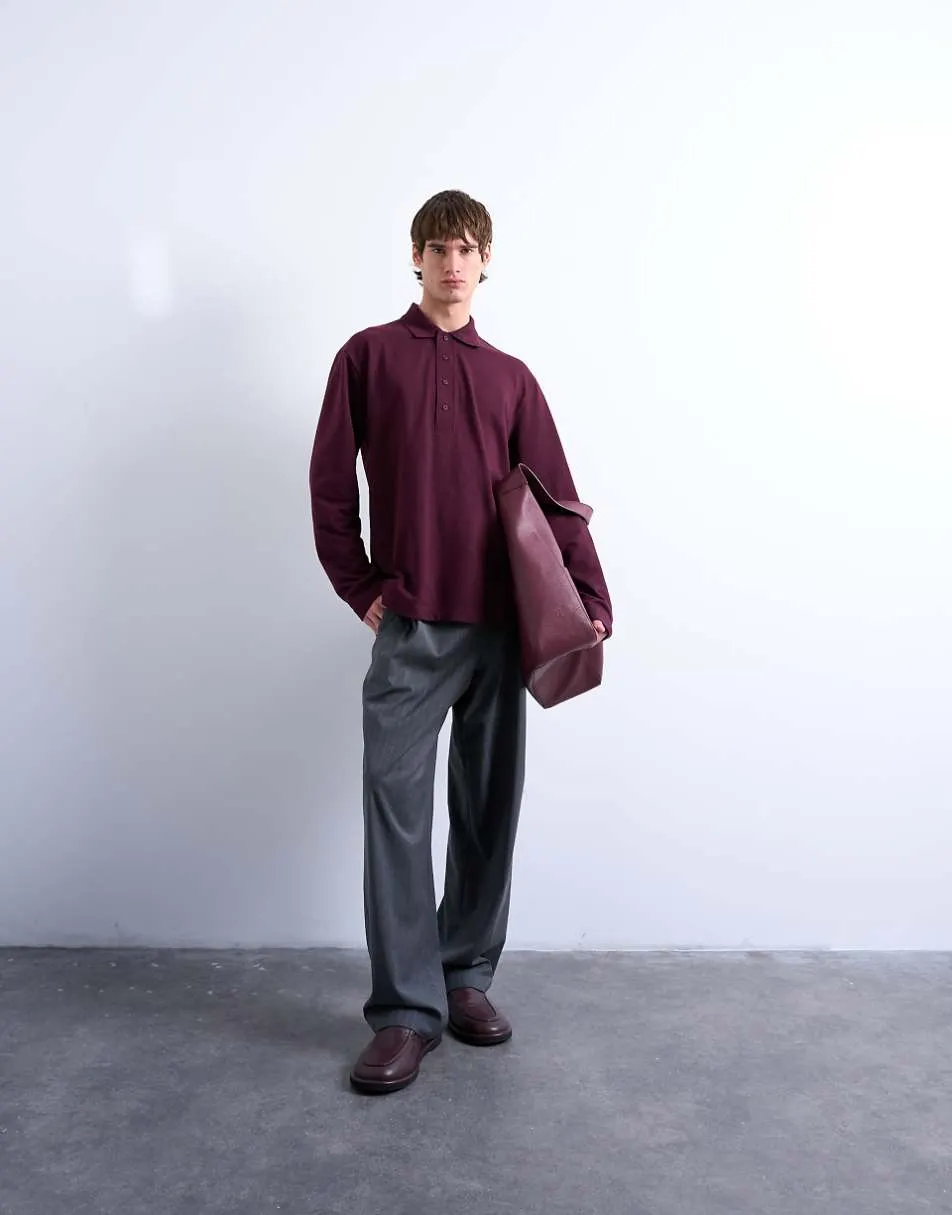 Topman long sleeve textured polo shirt in burgundy
