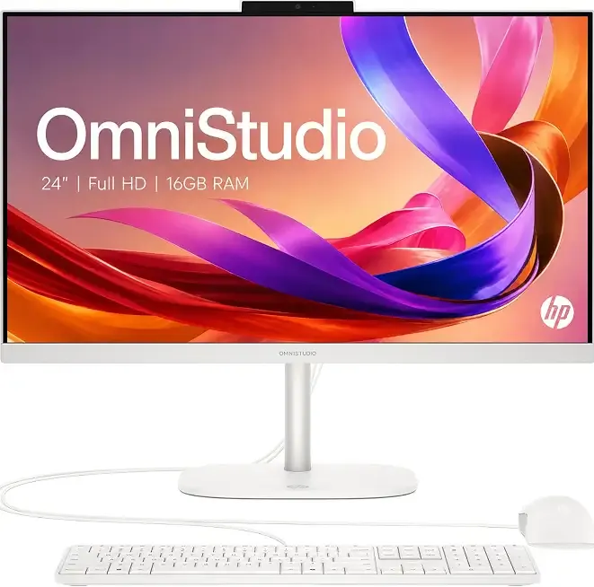 HP OmniStudio 24" Full HD All-in-OneDesktop Computer, 16GB DDR5 RAM, Intel Quad-Cores, 128GB SSD, WiFi6, Keyboard & Mouse, Windows 11