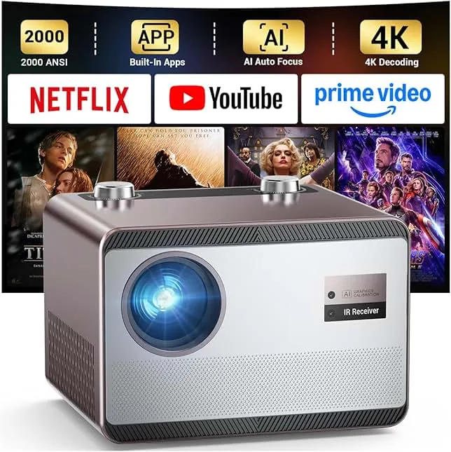 Projector 4K with WiFi and Bluetooth [2000 ANSI/AI Auto Focus/Built in Apps], Outdoor Movie Projector with Smart TV OS 2.0 & Dolby, HAPPRUN Home Theater Projector for Indoor/Outdoor Use