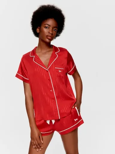 Red Lurex Satin Short Sleeve Shirt