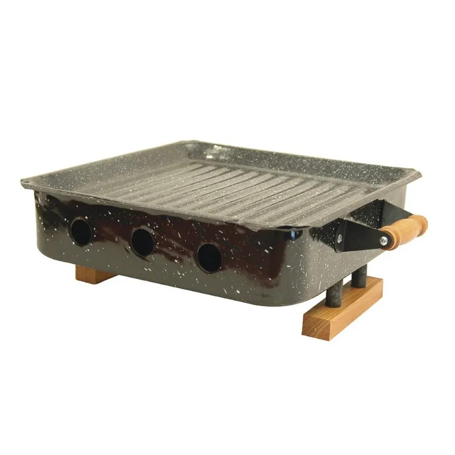 Brasero de mesa para asado Brosen con mango y patas de madera barnizada