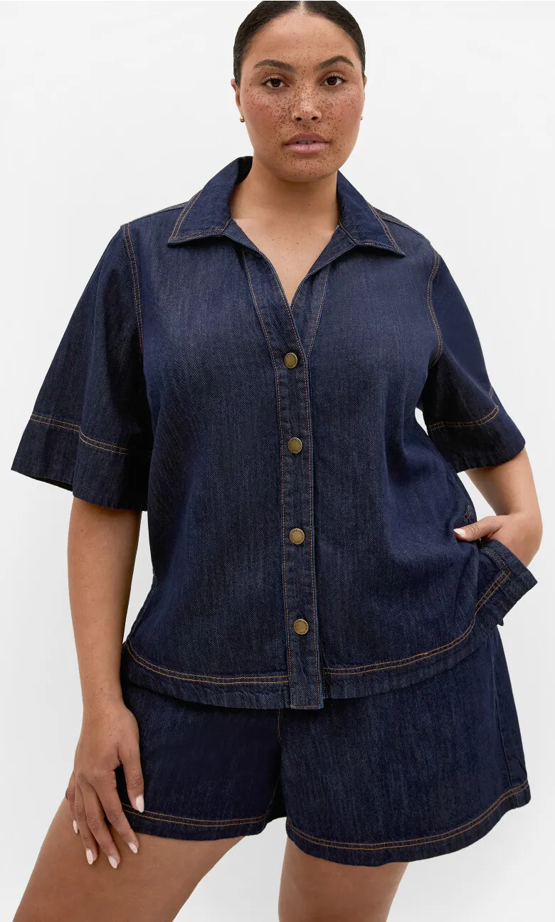 Tiana Short Sleeve Cotton Denim Shirt - dark wash