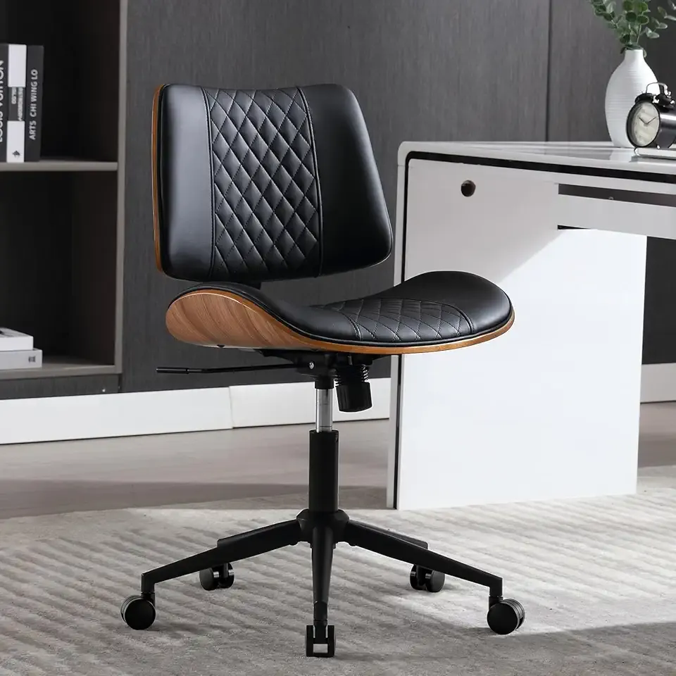 Home Office Chair No Arms with Wheels, Adjustable Height Small Desk Chair, PU Leather Mid Back 360 Swivel Computer Chair, Armless Modern Walnut Chair for Office, Reading Meeting Room(Black)