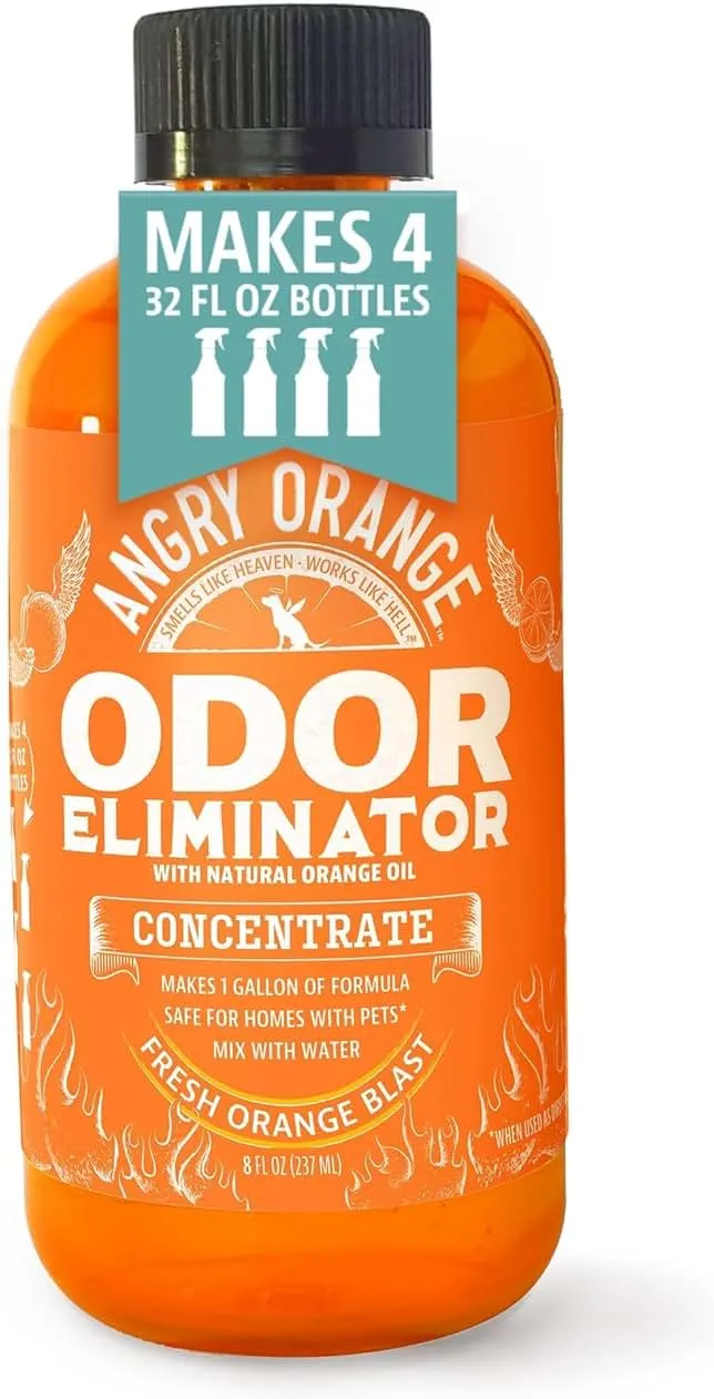 Angry Orange Pet Odor Eliminator Concentrate – 8oz Citrus Powered Concentrate for Strong Dog & Cat Urine Smells, Safe for Most Fabrics, Great for Carpets, Upholstery - Makes 128oz of Liquid