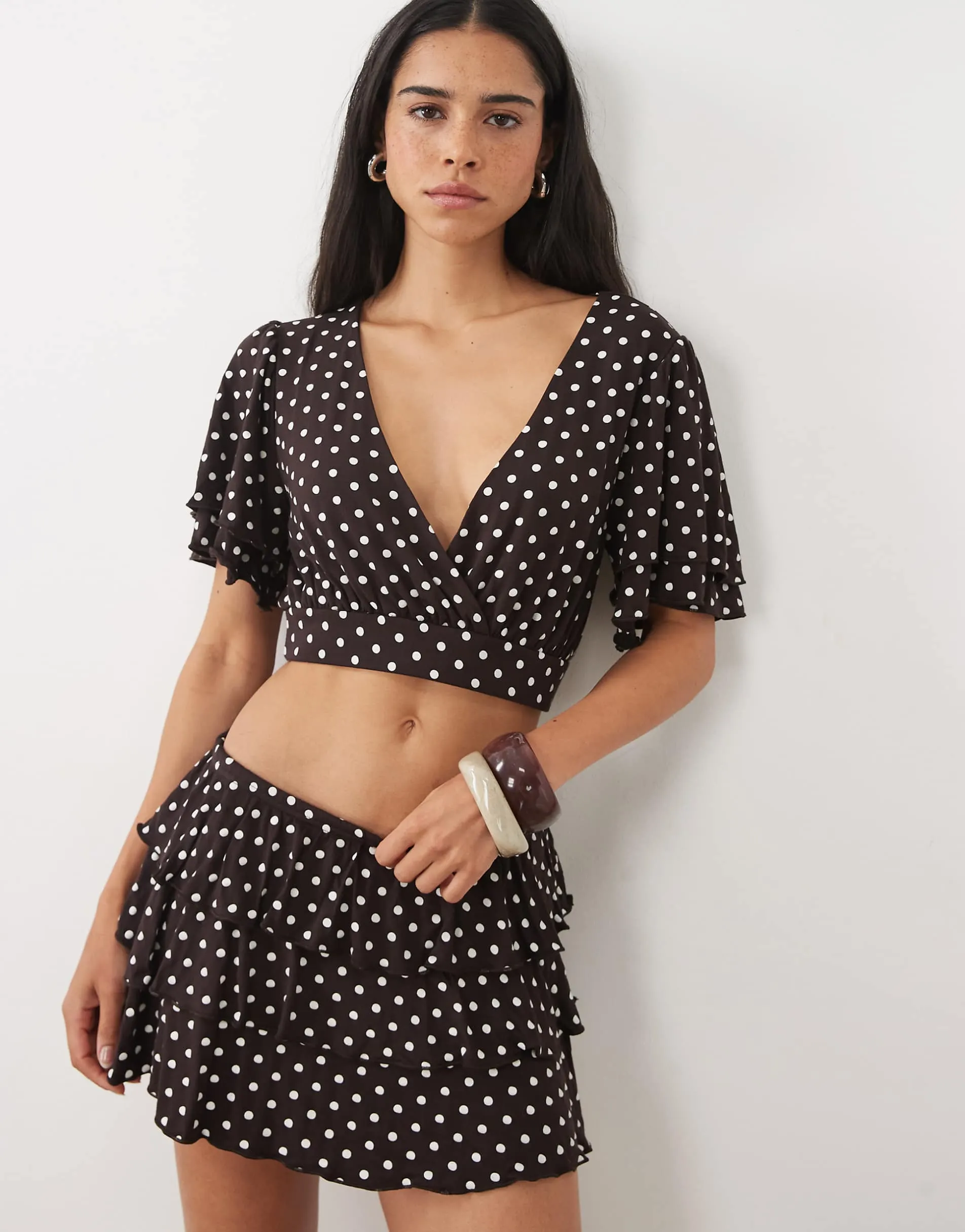 Miss Selfridge mini rara skort co-ord in chocolate polka dot
