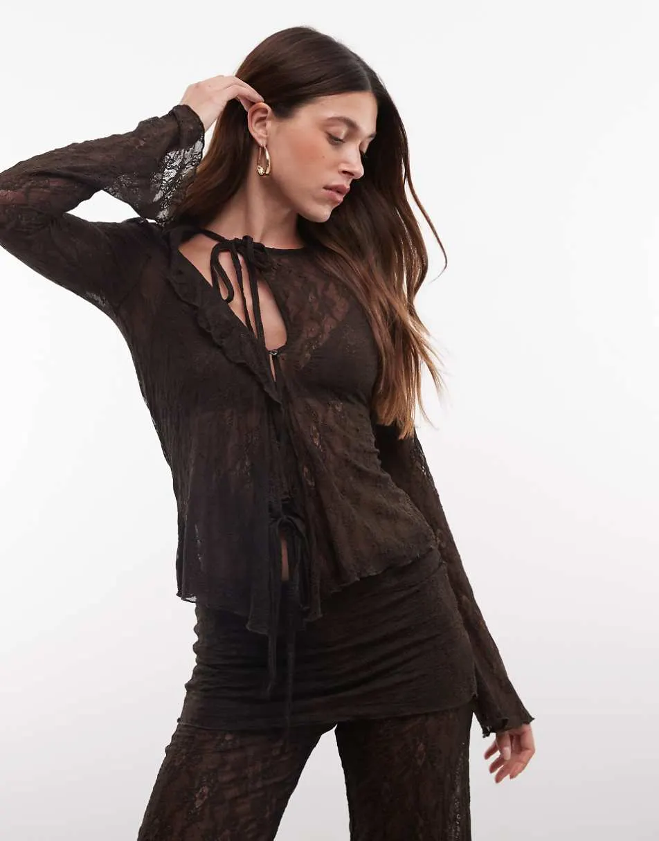 Monki ruffle lace top in dark brown