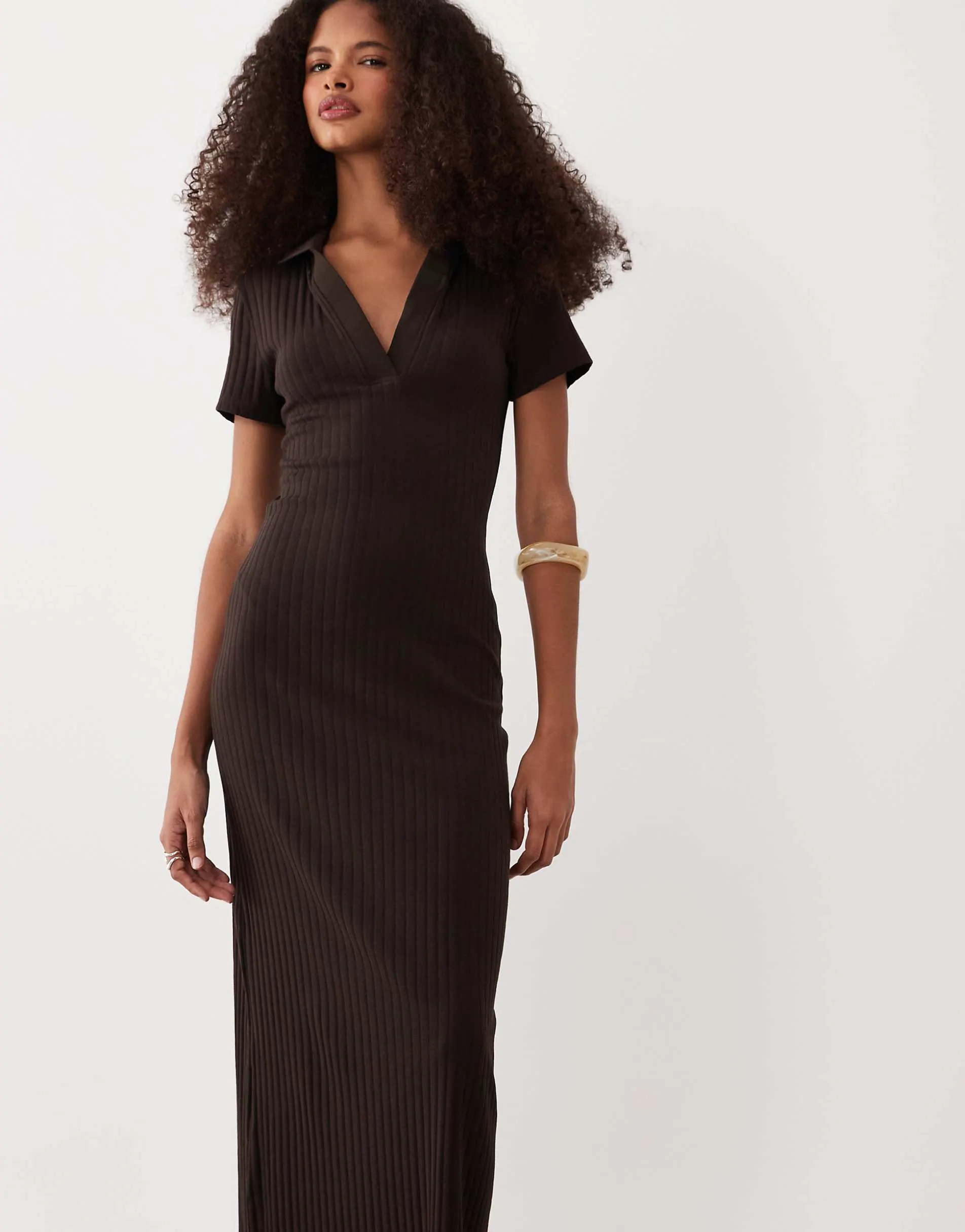 ASOS DESIGN ribbed short sleeve polo midi dress in chocolate