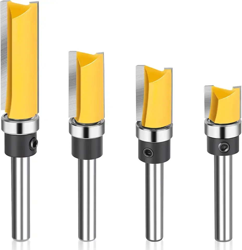 Junreox 4PCS Flush Trim Route Bit 1/4 Shank, Premium Pattern Flush Cut Route Bit with Bearing to Prevent Tear-Out, Straight Cut Carbide Tipped Template Router Bit for Woodworking, Milling, Trimming