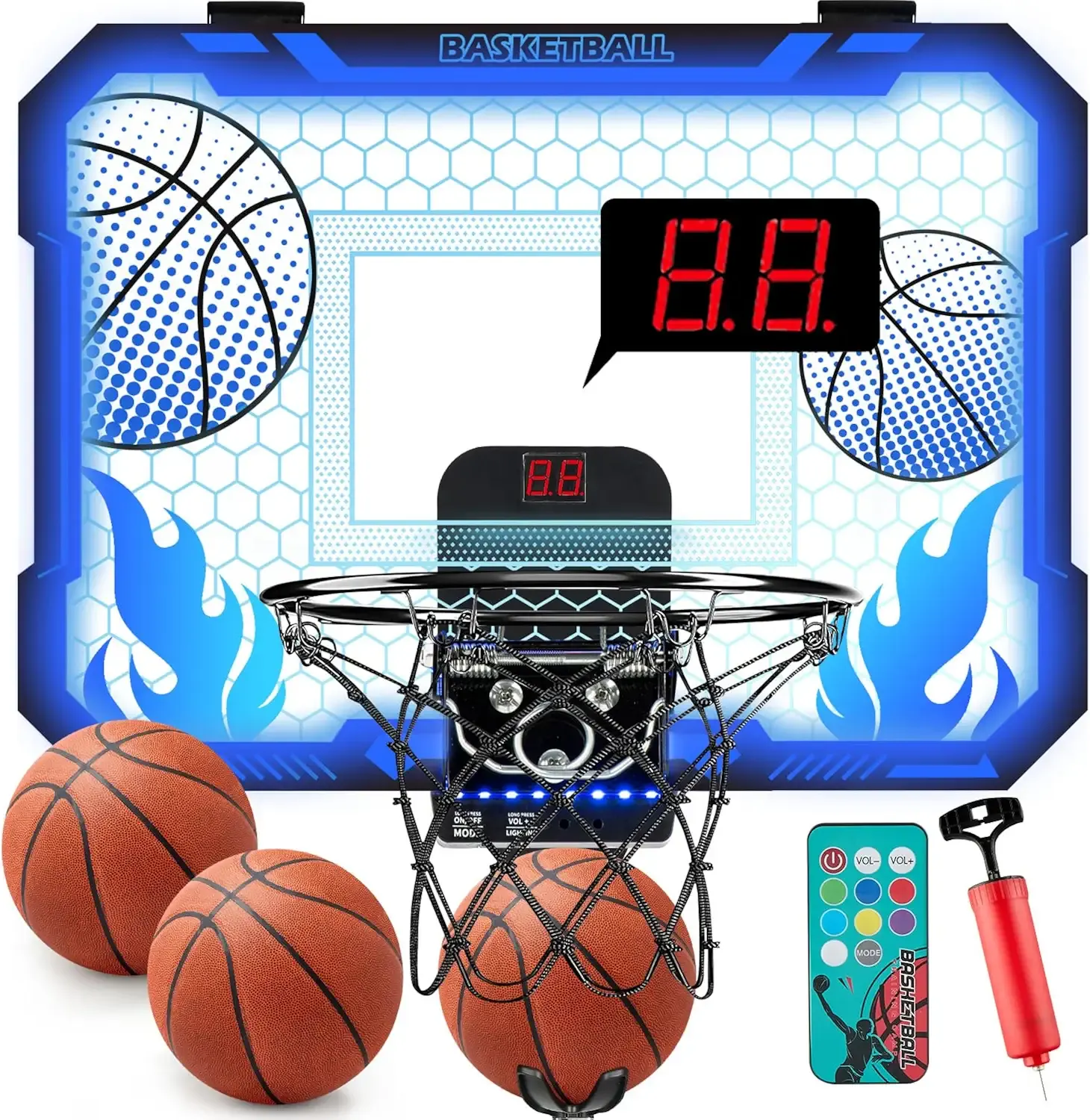 VROGTIK Indoor Basketball Hoop for Kids with Led Lights and Scoreboard | Over The Door Basketball Hoops with 3 Balls and Pump Basketball Toys for 4-12 Year Old Boys Girls Birthday Christmas Gift