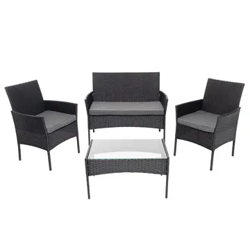 Set da giardino 4 pezzi Rattan sintetico Antracite con struttura in acciaio, top in vetro e cuscini Grigio Scuro