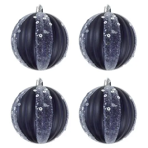 Enchanted Forest® 80mm Dark Blue Sequin-Striped Shatterproof Ornaments - 4 Pack