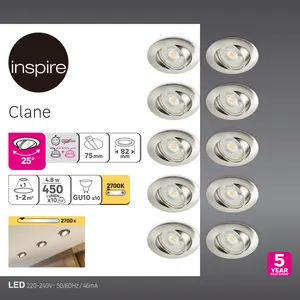 Set da 10 pezzi, faretto da incasso con fonte luminosa orientabile GU10 INSPIRE CLANE argento Ø 8.2 cm Luce bianco caldo