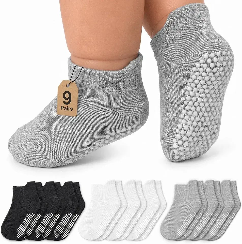 Baby Non Slip Ankle Socks 9 Pairs - Toddler Socks with Grips for Kids, Infants Boys and Girls 6-24 Months, 1T-7T