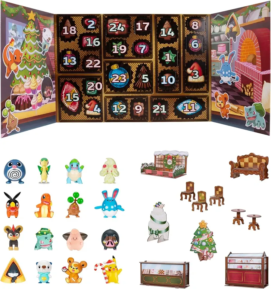 Pokemon Holiday Calendar 2025 - Features 16 2-Inch Battle Figures with Special Finish and Eight Unique Accessories