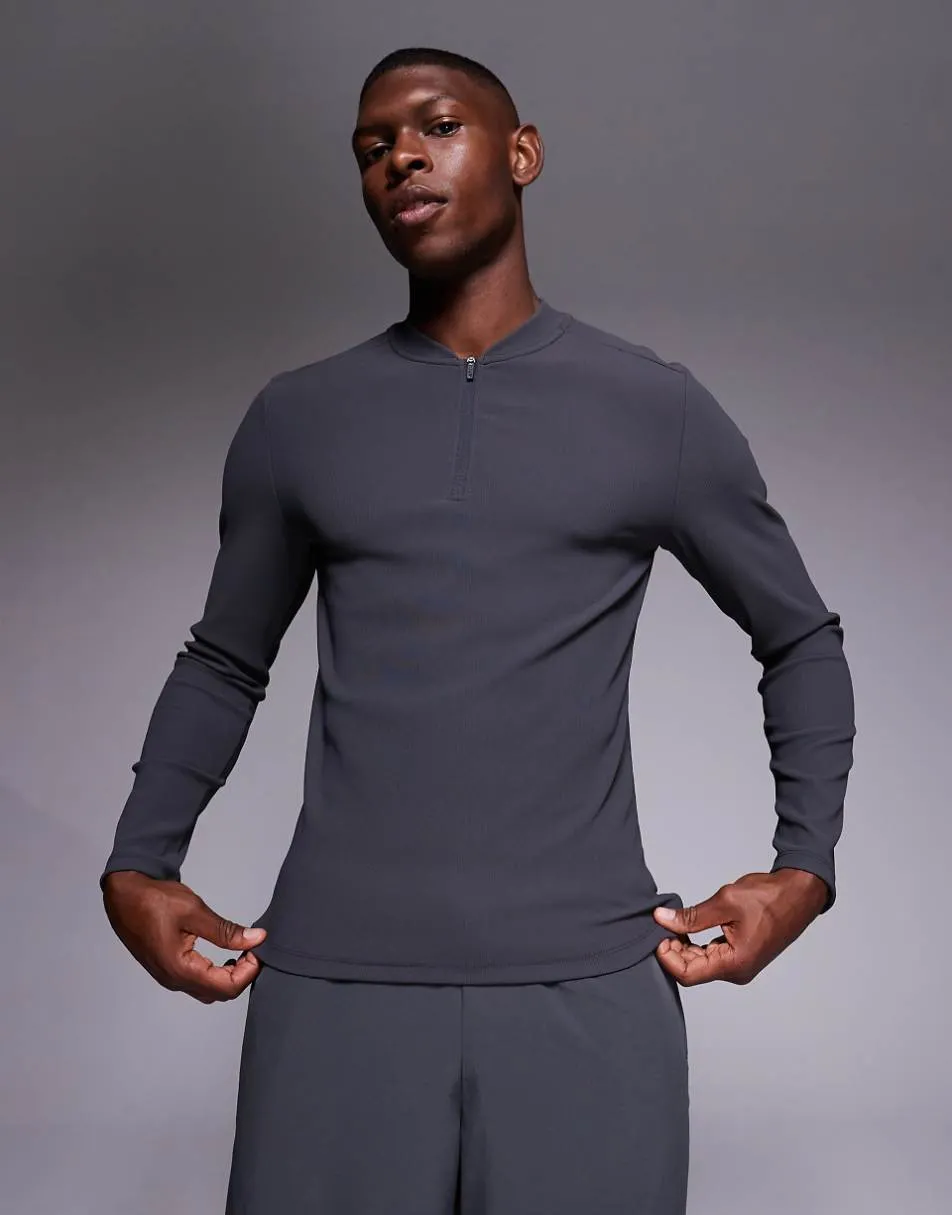 4505 active rib slim fit long sleeve zip up running top in charcoal