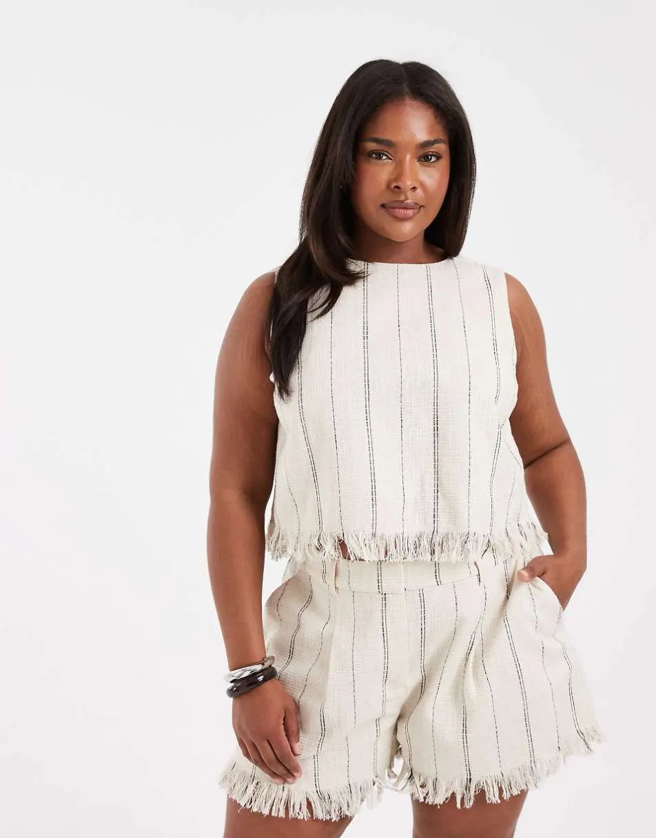 ASOS DESIGN Curve Tailored fringe hem v neck shell top in natural stripe