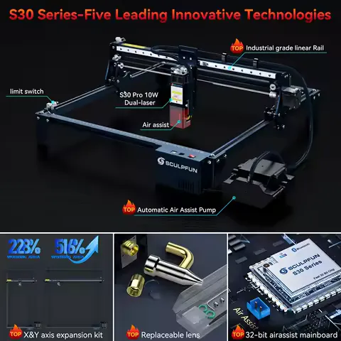 SCULPFUN S30 Pro 10W Laser Engraving Machine With Automatic Air-assist US Plug and Play