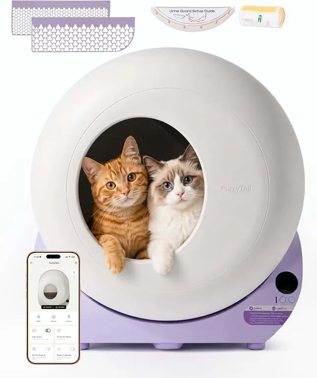 Furrytail Automatic Litter Box Self Cleaning, Smart Litter Box, Lilac | Smart Safety Sensors, Advanced Odor & Leak Control, Large Capacity for Multi Cat Homes, with App Control & 40 Trash Bags