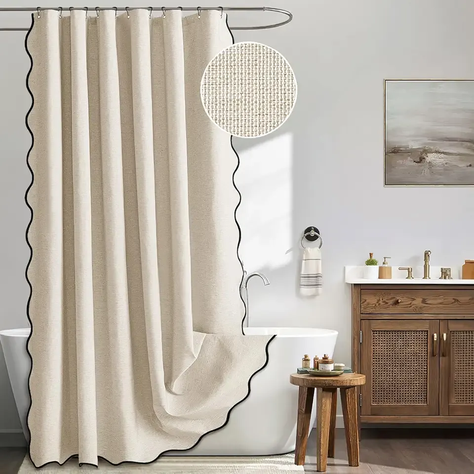 MIULEE Beige Scalloped Shower Curtain Linen Textured with 12 Metal Hooks Cute Heavy Duty Washable Waterproof Neutral Thick Cloth Shower Curtains with Black Border for Bathroom Bathtub,W72*L72 Cream