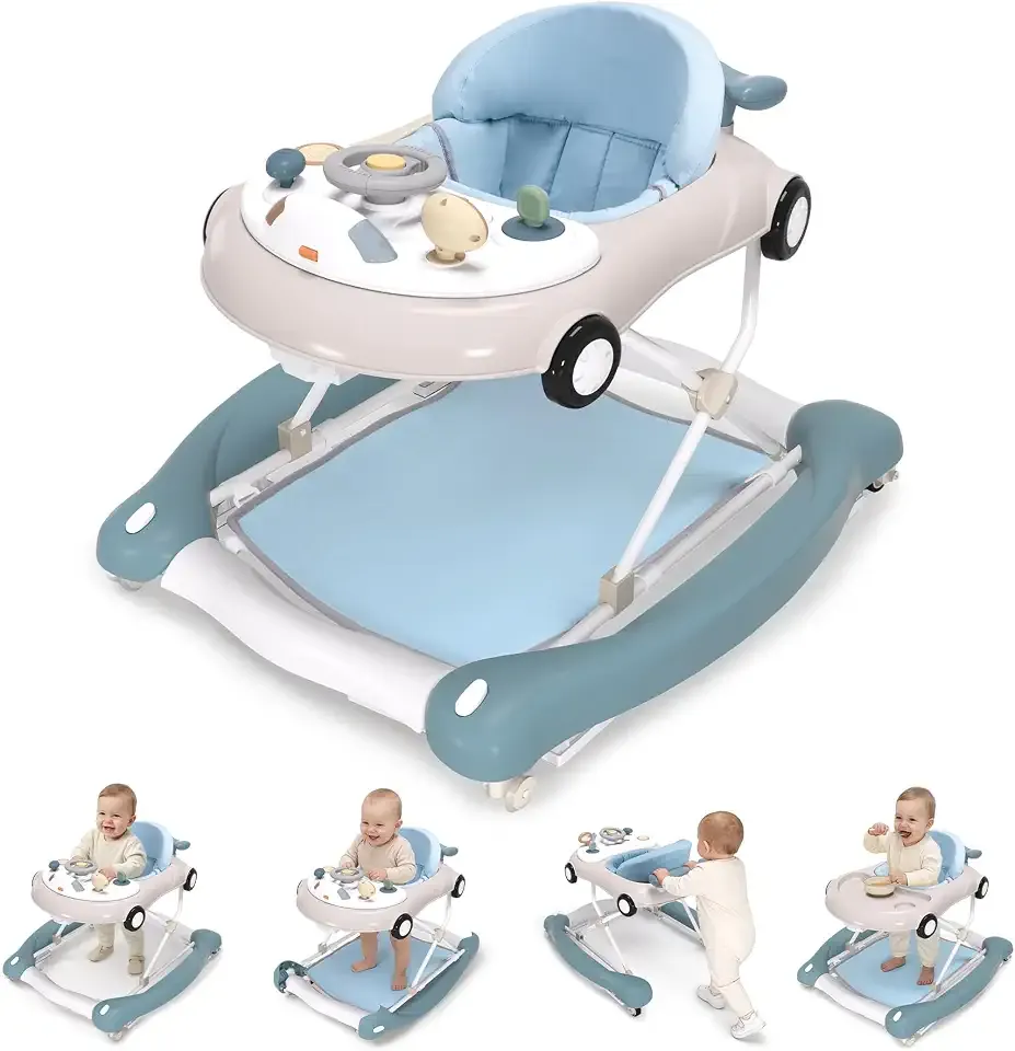 5-in-1 Convertible Baby Walker with Steering Wheel Music Activity Center – Infant Rocker, Jumper, Push Walker, Bouncer & Feeding Foldable Walker for Ages 6-18 Months Boys Girls (Haze Blue)