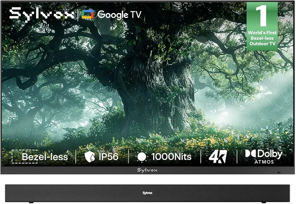 SYLVOX 75 inch Outdoor TV with Soundbar, Ultra-Narrow Bezel, 4K Smart TV, 1000 nits, IP56 Waterproof, Dual Speakers, All-Weather Metal Chassis for Patio, Deck, Backyard (Frameless Series)