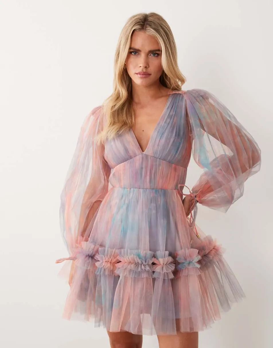 Lace & Beads Petite v neck ruffle skirt mini dress in blue abstract