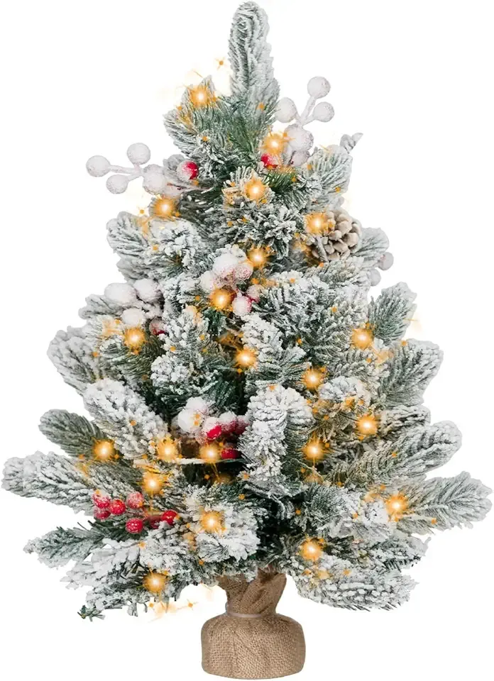 2FT Small Christmas Tree,Flocked Artificial Mini Christmas Tree with Lights,Tabletop Xmas Tree with Ornaments,Christmas Decoration for Party by DNKMOR