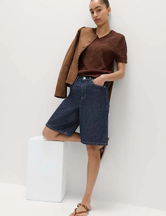 Denim-Jorts mit hohem Bund und Leinenanteil