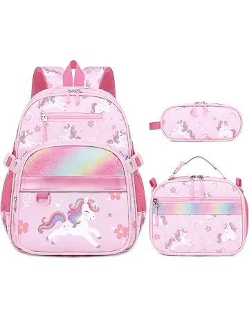 Similove Toddler Backpack for Girls Ages 5-8, 3PCS Girls Backpack with Lunch Bag & Pencil Case - 15inch Kids School Bookbag for Preschool Kindergarten Elementary School (Unicorn)