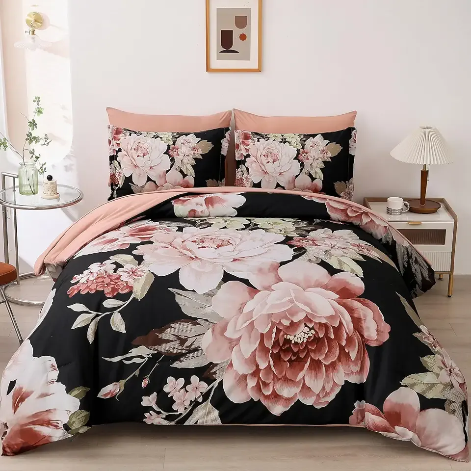Floral Comforter Set California King Size,7 Pieces Bed in a Bag Black Pink Floral Bedding Set Elegant Flower Comforter Set for All Season with Flat Sheet, Fitted Sheet, Pillowcases & Shams