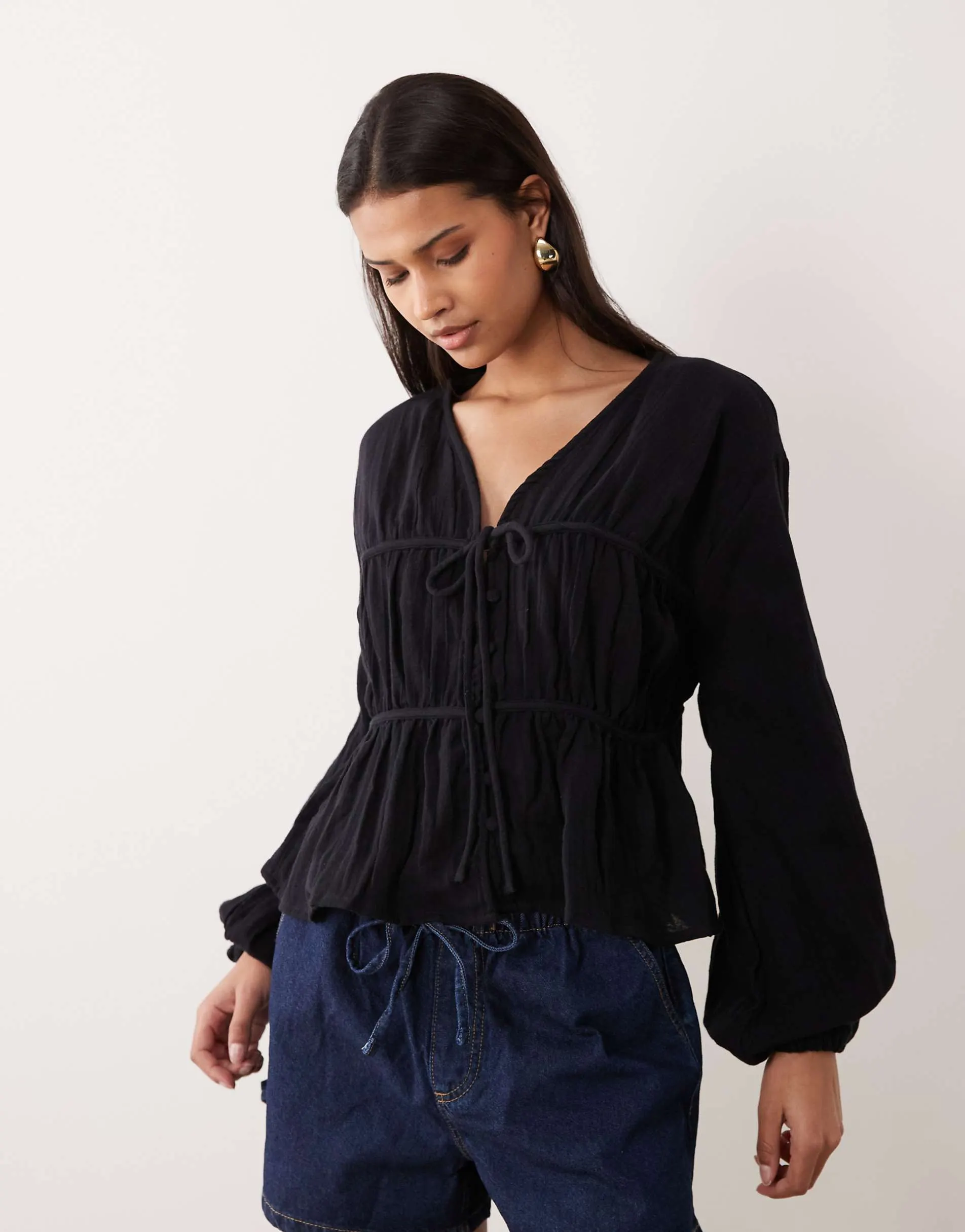 ASOS DESIGN long sleeve smock top with button front in black