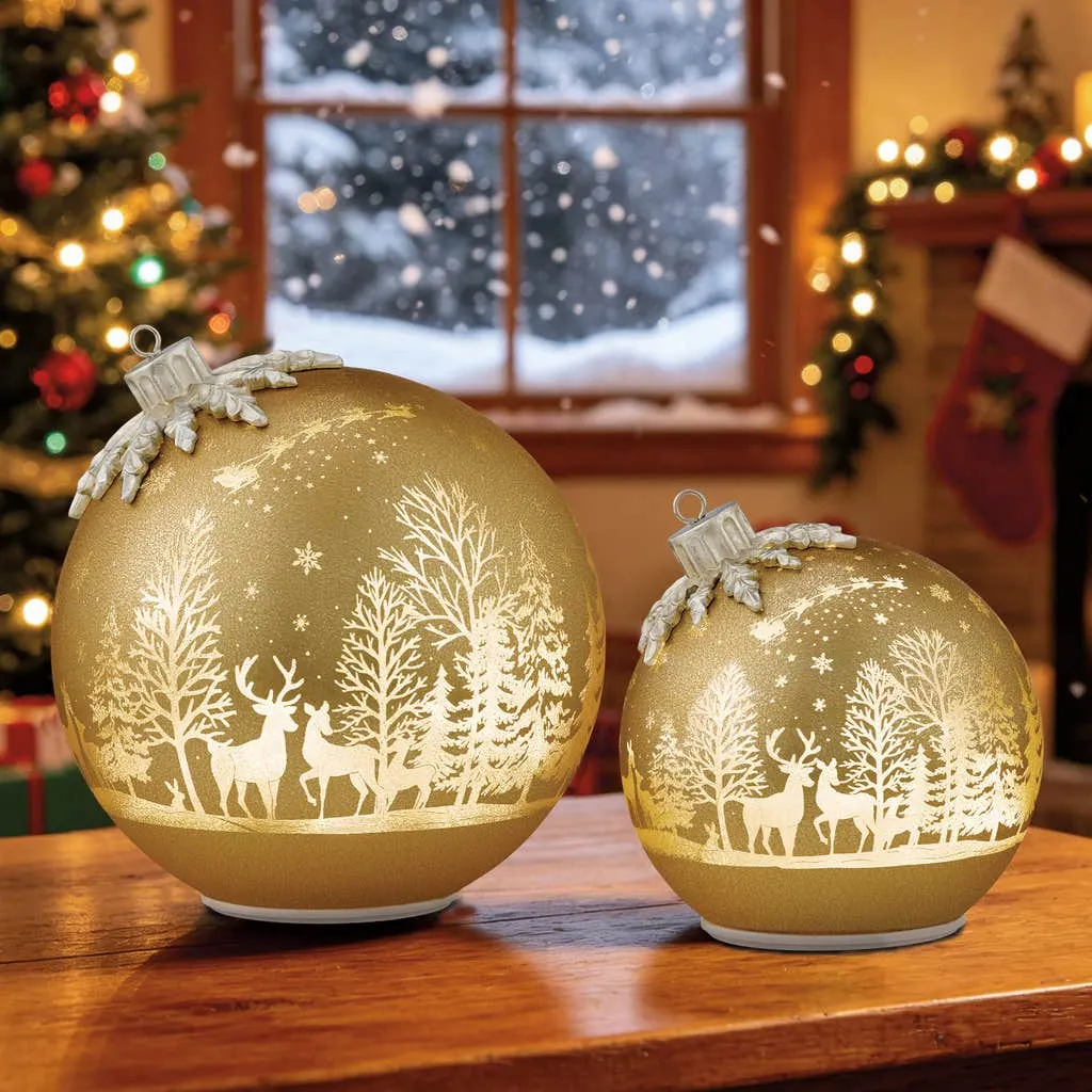 6.5" & 8.5" Rotating Glass Ornament Decor with LED Lights, Set of 2