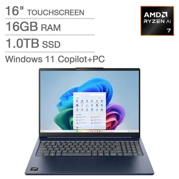 Lenovo IdeaPad Slim 5 16" Touchscreen Laptop - AMD Ryzen AI 7 350 - WUXGA (1920 x 1200) - Windows 11 Home - 16GB RAM - 1TB SSD