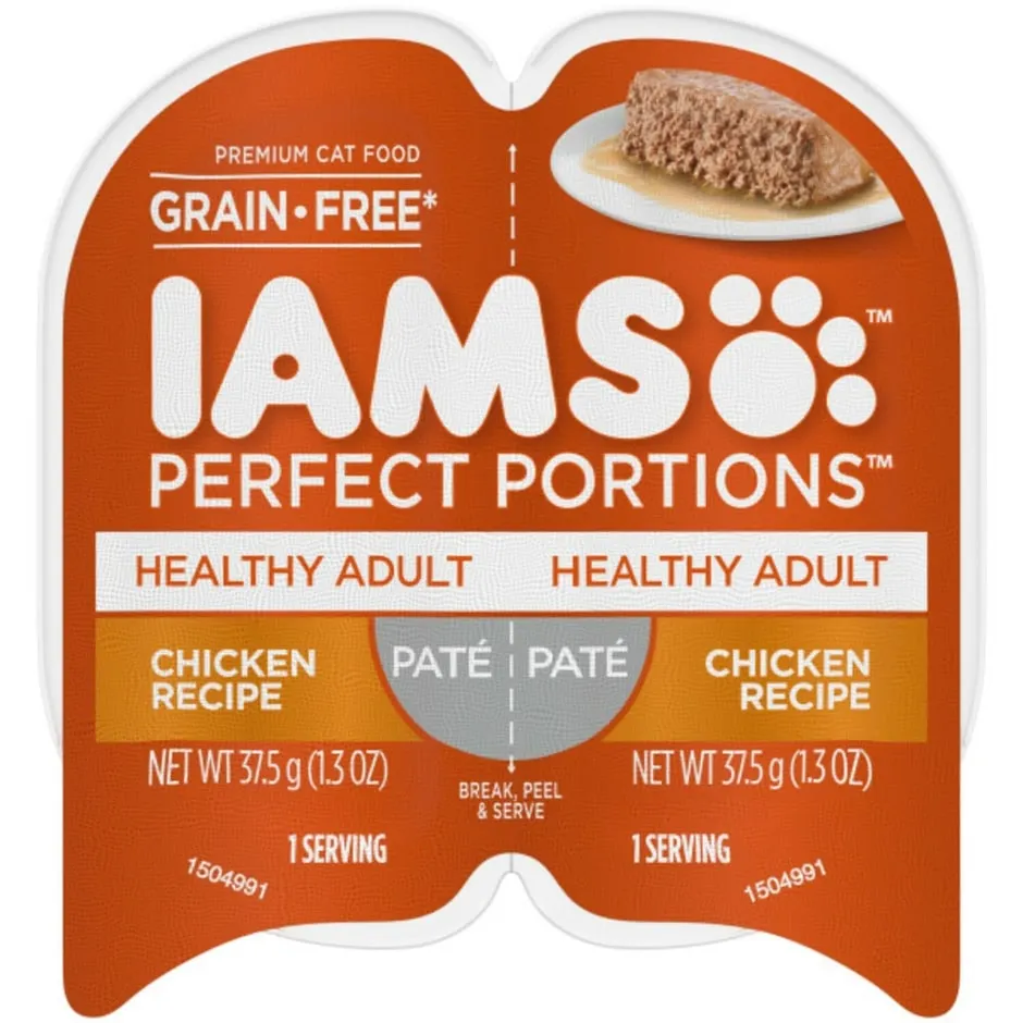 IAMS PERFECT PORTIONS Healthy Adult Grain Free* Wet Cat Food Paté, Chicken Recipe, 2.6 oz. Easy Peel Twin-Pack Trays