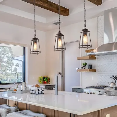 Laius 1 -Light Brown Wood Tone and Black Modern Farmhouse Lantern Mini Hanging Kitchen Island Light