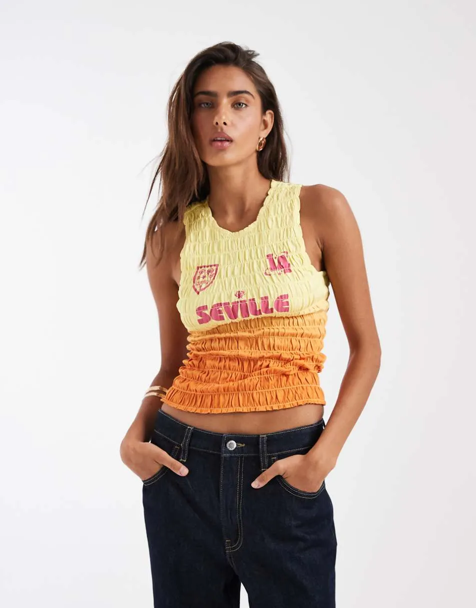 ASOS DESIGN shirred vest with seville football graphic with ombre effect in yellow