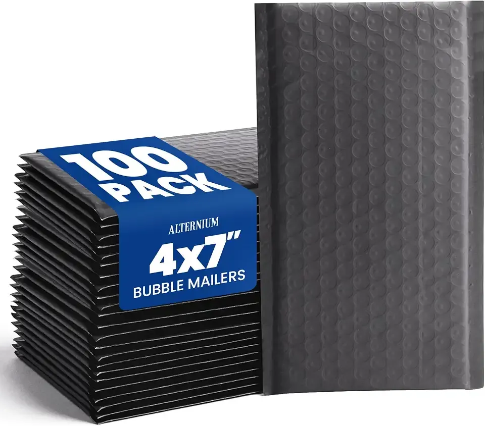 ALTERNIUM Bubble Mailers 4x7 Inch, 100-pack – Small Padded Shipping Envelopes, Self Seal Poly Bubble Mailers, Waterproof Lightweight Mailers for Jewelry, Trading Cards & Small Business - Black