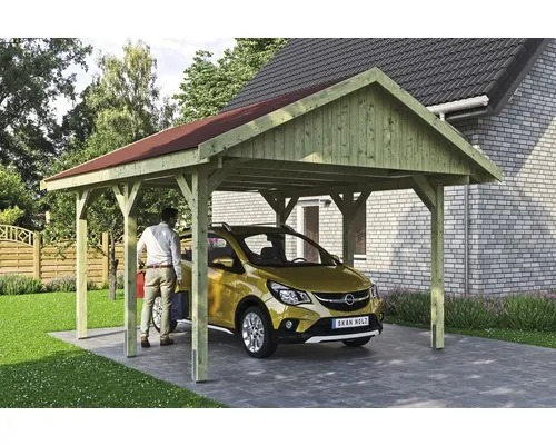 Přístřešek na auto SKAN HOLZ Wallgau 430 x 500 cm impregnovaný vč. červených šindelů