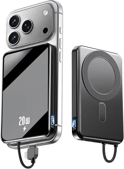 Portable Charger Power Bank, 10000mAh Phone Charger with Built-in Cable, 20W PD Fast Charging, Slim Battery Pack with LED Display, Travel Essential for iPhone 17/16/15/14 All Series, Black