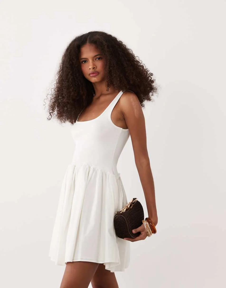 ASOS DESIGN scoop ribbed bodice with poplin skirt mini dress in white