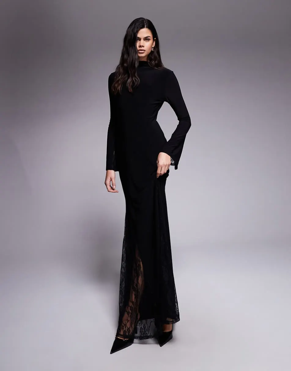 ASOS DESIGN highneck maxi dress with sheer lace godets and layered sleeve in black