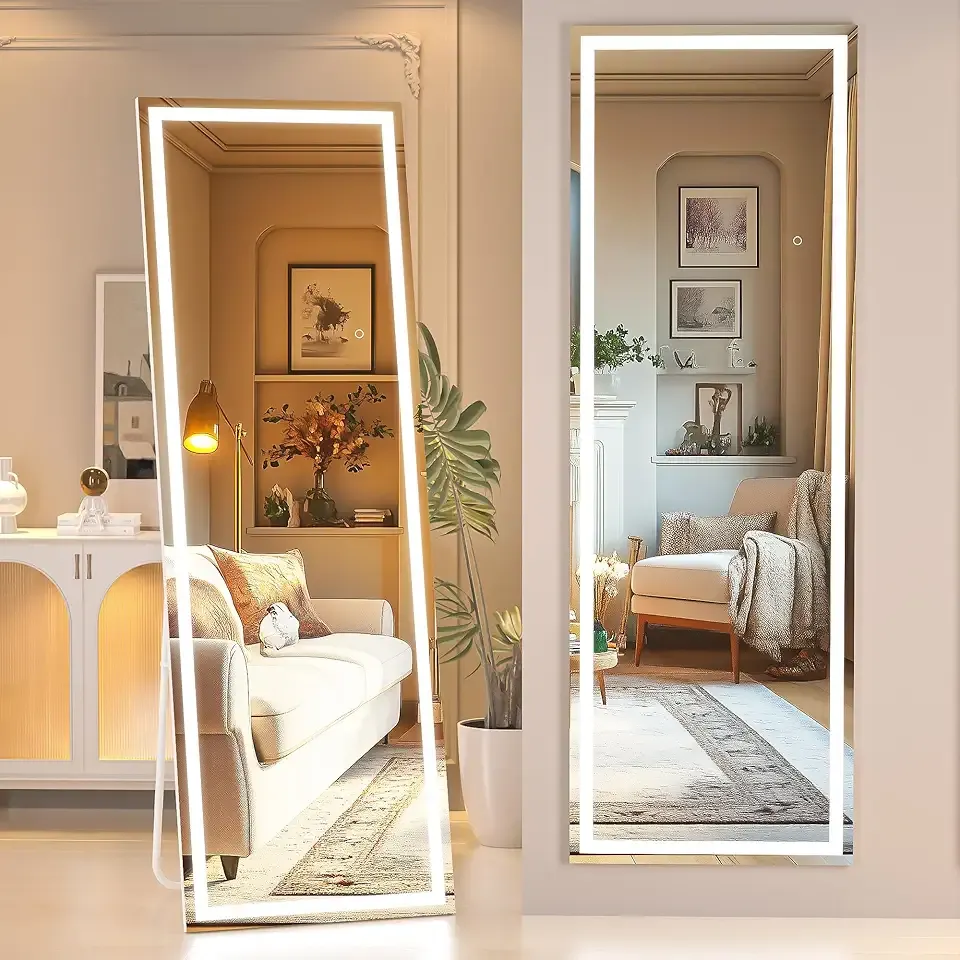 Hasipu Full Length Mirror with Lights, 56" x 15.8" LED Floor Mirror, Full Body Dressing Standing, Hanging Mounted Mirror for Living Room Bedroom Cloakroom, Square Black