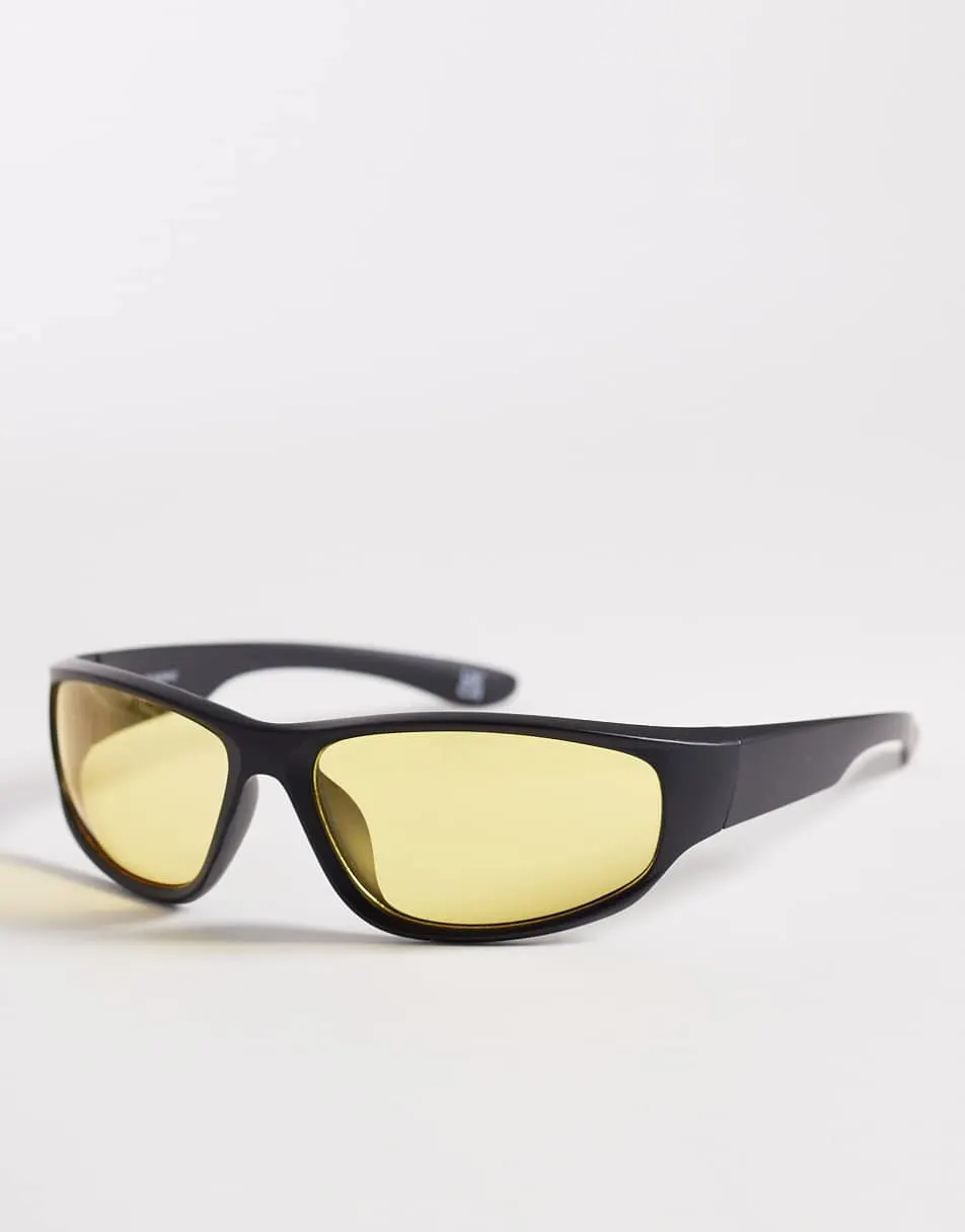 Reclaimed Vintage sporty wrap sunglasses with yellow lens in black