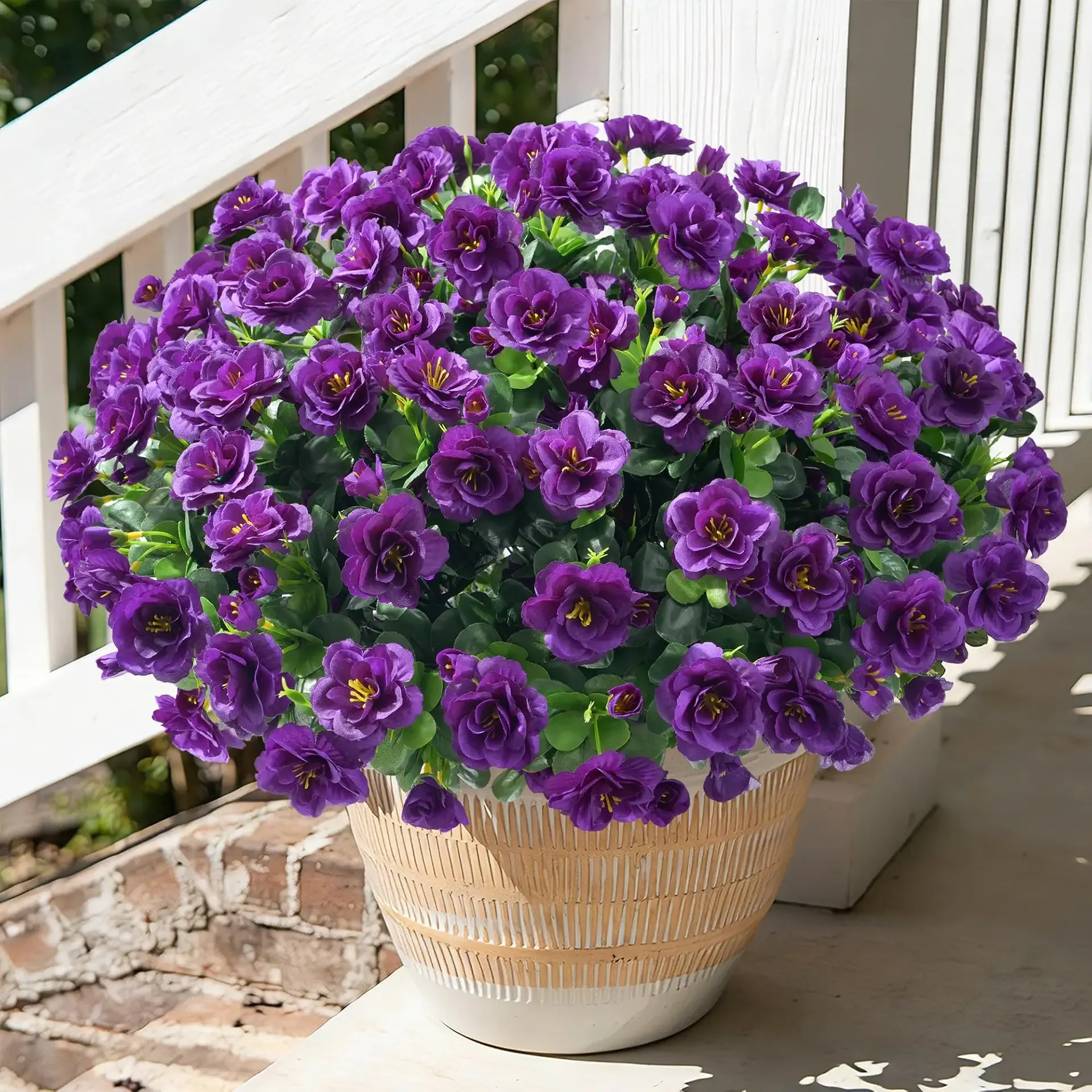 Artificial Faux Outdoor Flowers Plants for Spring Summer Decoration, Fake Silk Camellia UV Resistant Look Real for Planter Outside Front Door Porch Patio Balcony, 3 Large Bundles (Dark Purple)